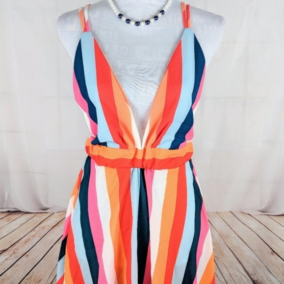 New Summer Rainbow Striped Plunge Mini Dress - Picture 12 of 14
